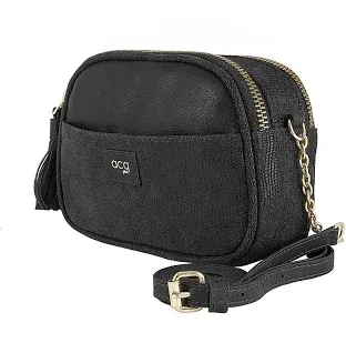 ACQ Venecia Bolso Bandolera Piel Mujer - Doble Departamento, Bolsillo Exterior e Interior con Cremallera - Tarjetero, Asa Regulable, Cremallera Oro